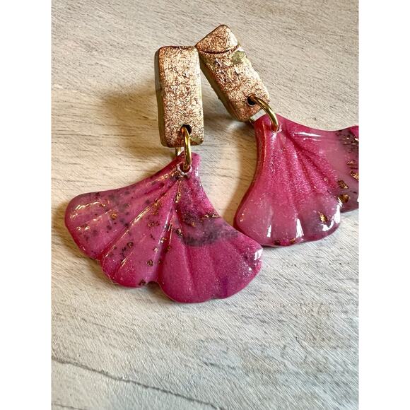 Earrings Statement Earrings Handcrafted Artwork Antique Gold Pink Floral Ginkgo - Picture 3 of 5
